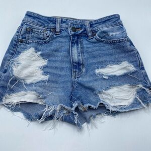 American Eagle Strigid Denim Shorts Distressed Frayed Light Wash Mid Rise 000